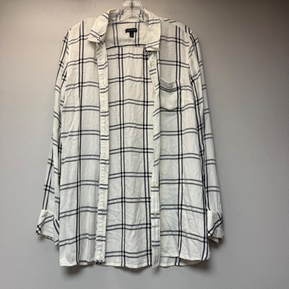 Talbots Button Down Shirt Womens Medium White Black Excellent Plaid Rayon Pocket